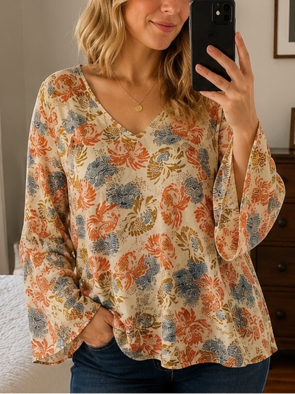 Bobeau Floral Blouse M NWT Bell Sleeve V Neck Beige Blue Orange Boho Tunic Top
